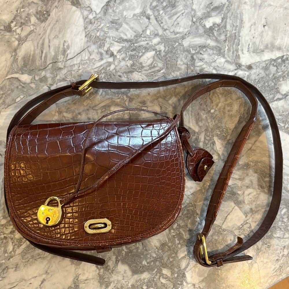 Ralph Lauren Dark Brown Croc-Embossed Crossbody Bag